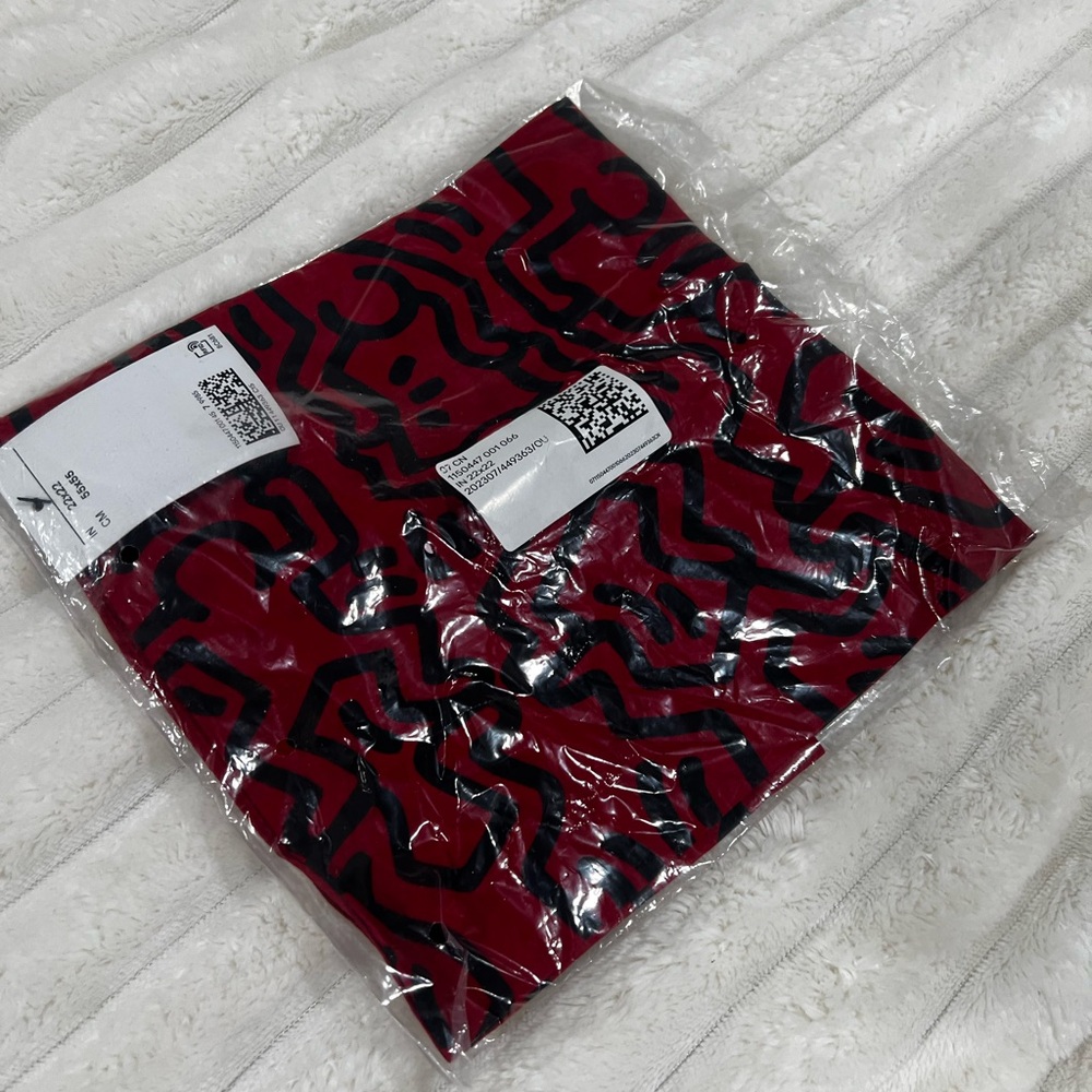 Red & Black Silk Neck Scarf with Keith Haring Print